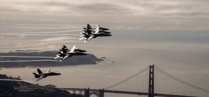 The US Navy Blue Angels fly near the Golden Gate Bridge in San Francisco, California as part of a practice run for Fleet Week on October 4, 2018. (Photo by JOSH EDELSON / AFP)